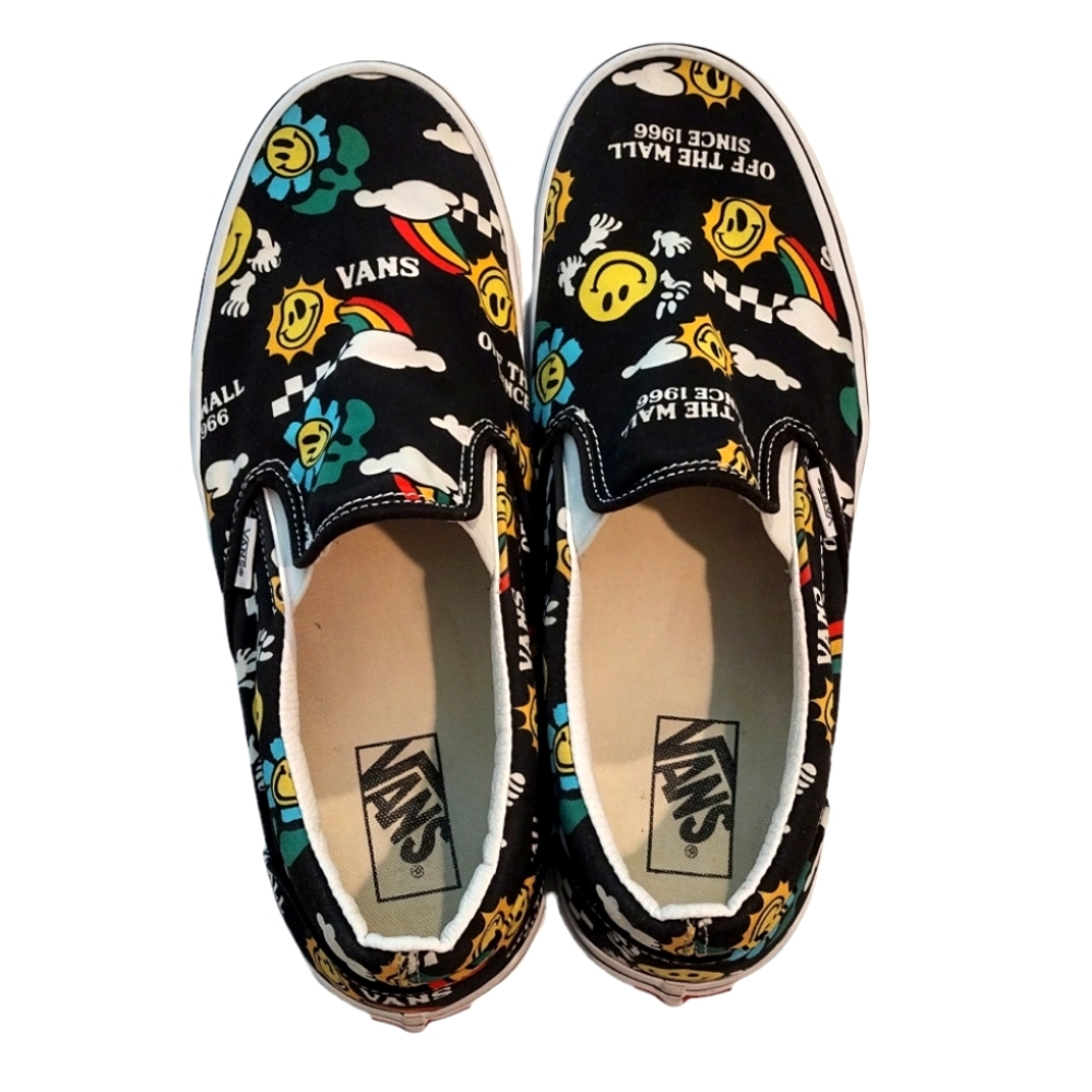 VANS MEN'S SIZE 11 BETTER DAYS SKATE SHOES SLIP-ON BLACK HAPPY FACE